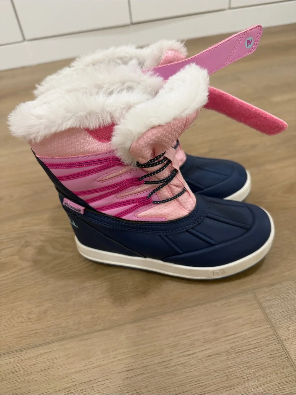Kids Waterproof Snow Boots with Faux Fur - Pink and Navy